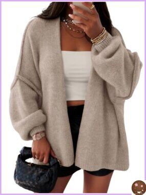 Oversized Open Front Cardigan Lantern Sleeve Soft Knit Sweater